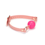 Pink Dream silicone ball gag with pink leather straps and rose gold buckle, for bondage play