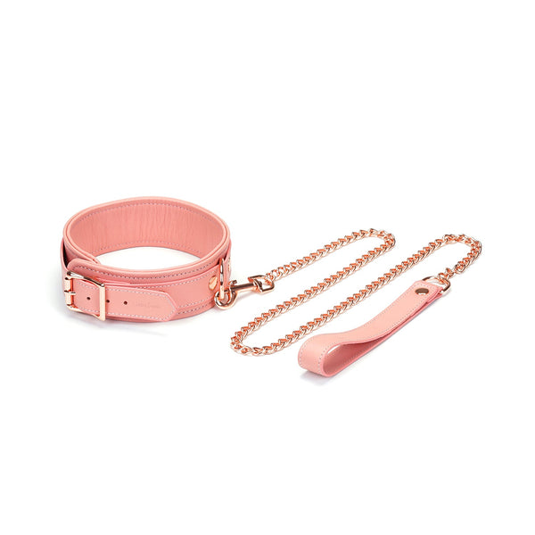 Pink leather bondage collar with rose gold chain leash from the Pink Dream collection