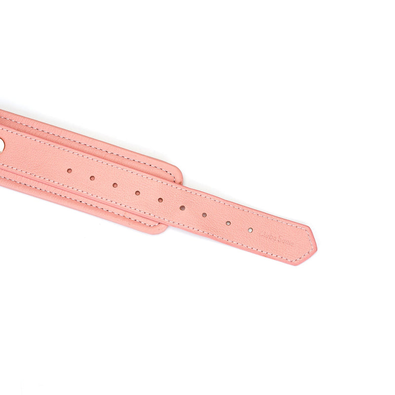 Close-up of Pink Dream leather bondage collar in baby pink with rose gold adjustment holes and Pink Dream label