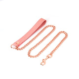 Pink Dream leather collar with rose gold chain leash, featuring adjustable buckle and clip for BDSM play