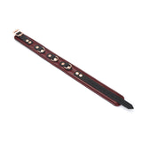 Wine Red leather bondage collar with rose gold metal details and multiple adjustment holes for BDSM play