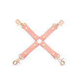 Pink Dream: premium pink leather hogtie with rose gold hardware and quick-release clips for bondage play, part of the Pink Dream collection.
