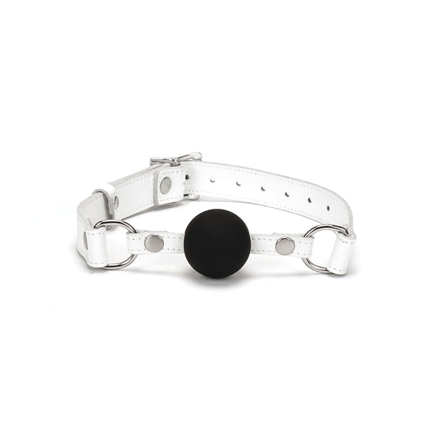 Fuji White Silicone Ball Gag with white leather straps and silver metal hardware from LIEBE SEELE