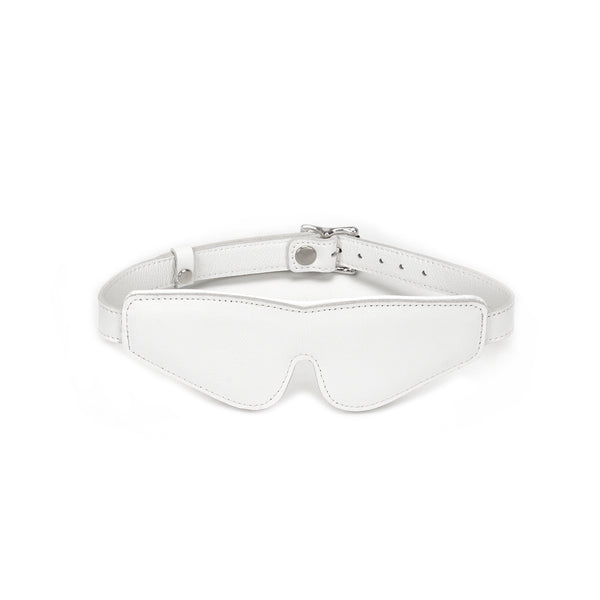 Fuji White leather padded blindfold for BDSM sensory play, featuring adjustable buckle and elegant stitching
