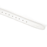 Close-up of adjustable white leather strap with holes, part of Fuji White leather bondage blindfold