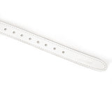 Close-up of adjustable white leather strap with holes, part of Fuji White leather bondage blindfold