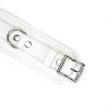 White leather ankle cuffs with silver buckle for bondage play, adjustable and designed for safety and comfort, part of the Fuji White BDSM collection