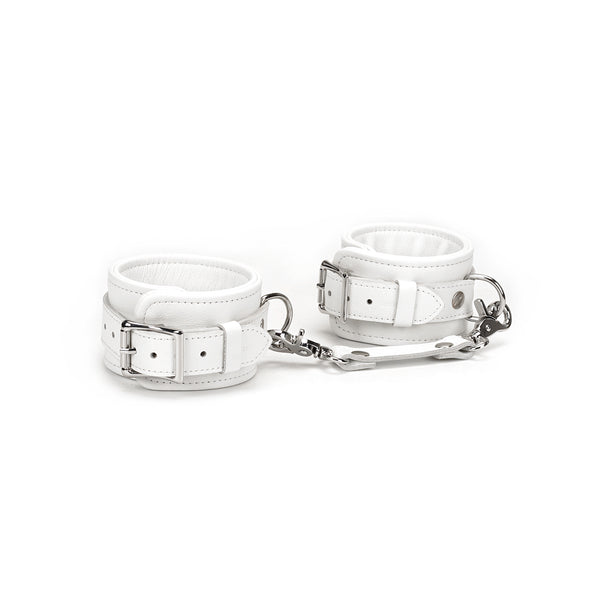 Fuji White leather ankle cuffs with adjustable silver buckles and quick-release metal clips for bondage play