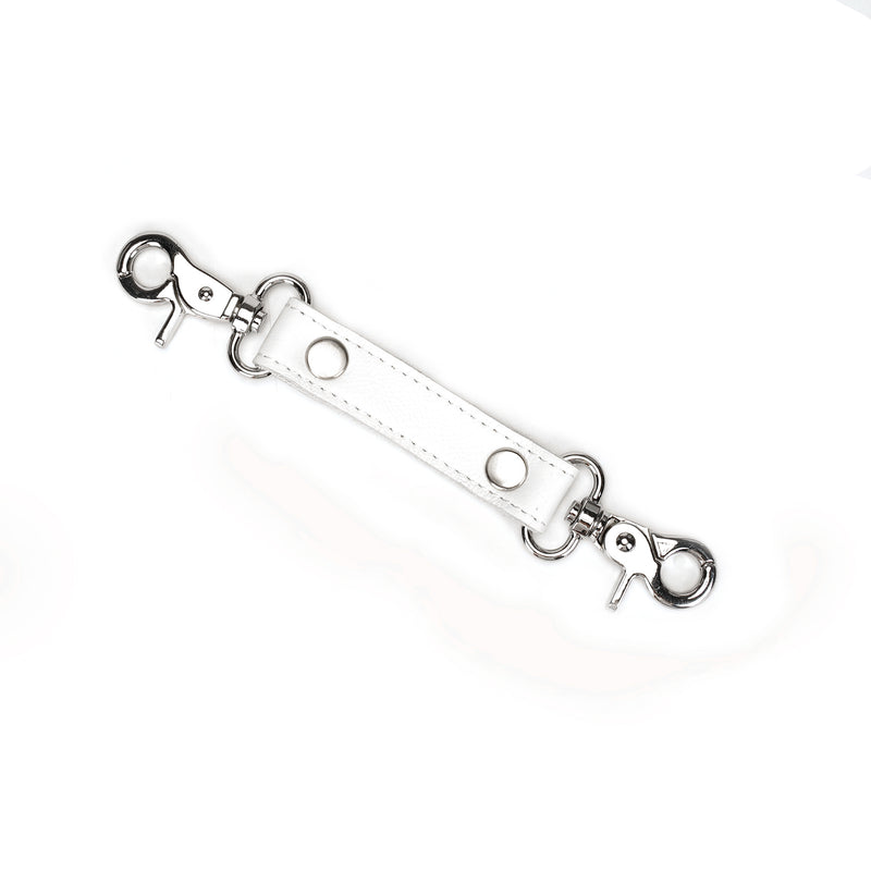 Fuji White leather connector strap with silver quick-release clips for BDSM wrist restraints