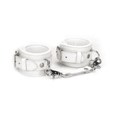 Fuji White collection white leather handcuffs with silver metal hardware and quick release clips for BDSM restraint play