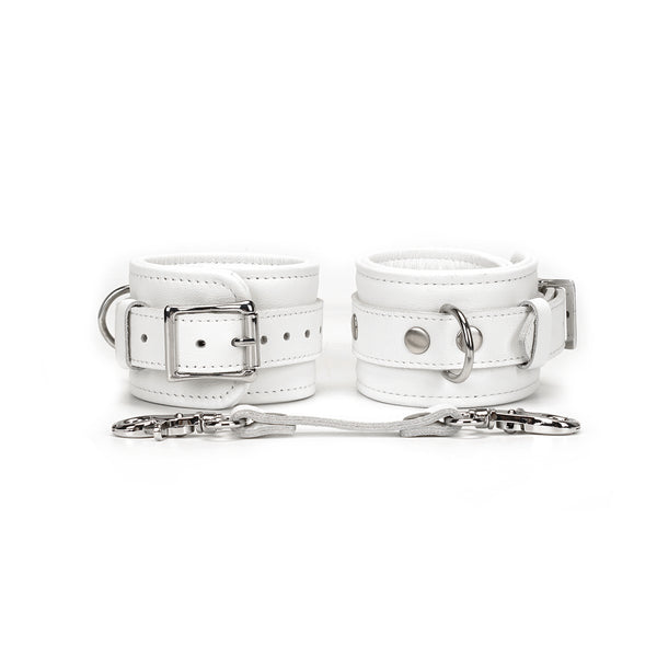 Fuji White white leather handcuffs with silver metal hardware for BDSM wrist restraints from LIEBE SEELE