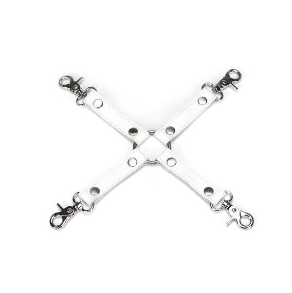 Fuji White leather hogtie with silver hardware for bondage play, showing quick-release clips