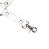 White leather hogtie strap with silver quick-release clip, part of the luxury Fuji White bondage collection