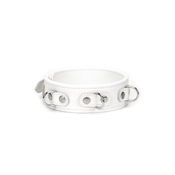 Fuji White leather collar with silver D-rings for BDSM and bondage play, inspired by Mount Fuji