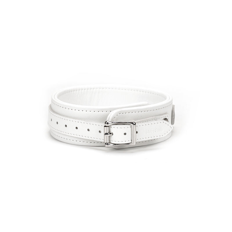 Fuji White leather bondage collar with silver metal hardware and adjustable buckle for BDSM play