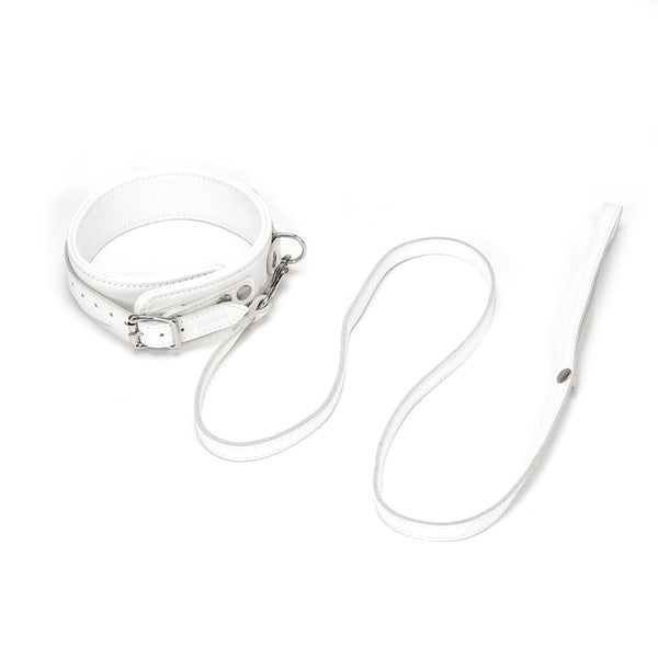 Fuji White collection white leather BDSM collar and leash with silver metal hardware for elegant bondage play