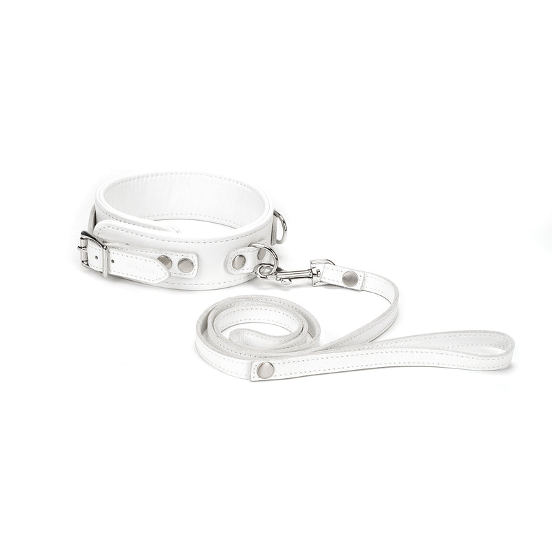 Fuji White leather BDSM collar and leash set featuring silver metal hardware, perfect for bondage play and puppy play exploration