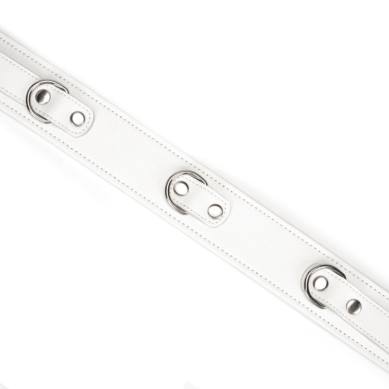 Fuji White leather thigh cuff with silver metal hardware detail for BDSM restraint play