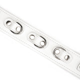 Close-up of white leather bondage collar with silver D-rings from the Fuji White collection