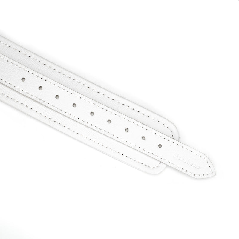 Close-up of Fuji White leather collar strap with precise stitching and multiple adjustment holes for custom fit, crafted from high-quality white cow leather with detailed craftsmanship