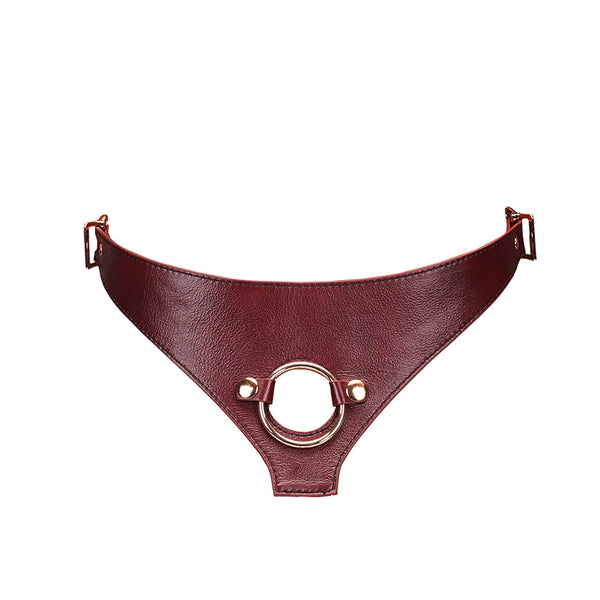 Wine red leather strap-on harness for bondage play with rose gold buckles and front mount O-ring