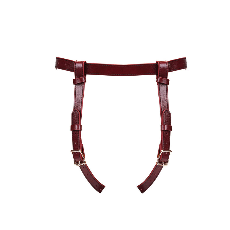 Wine Red Leather Strap-on Harness with Adjustable Buckles and Front Mount O-Ring for Bondage Play