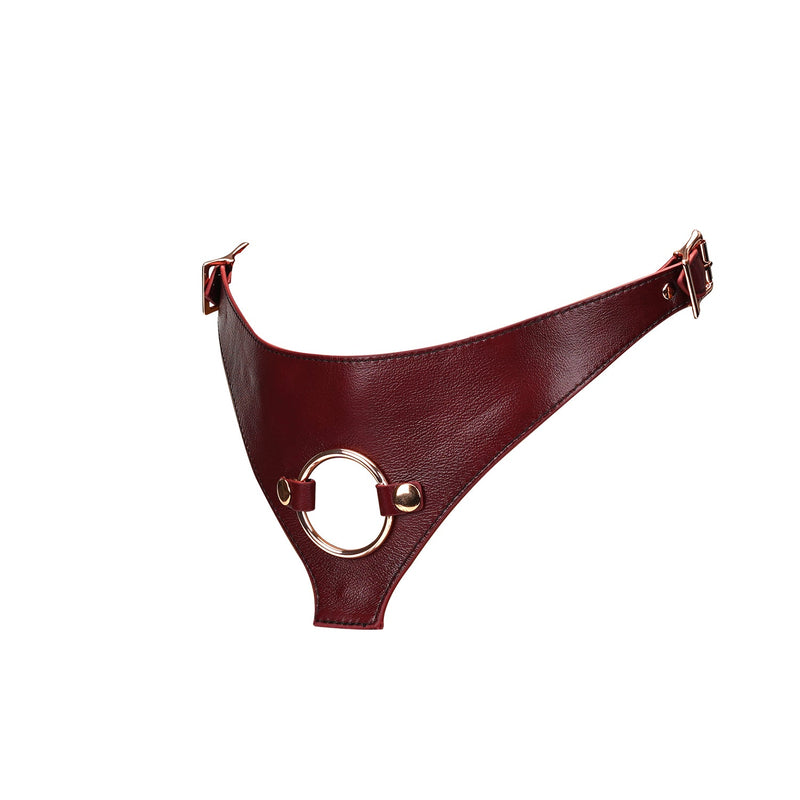 Wine red leather strap-on harness with 1.5 inch diameter O-ring and rose gold buckles for bondage play