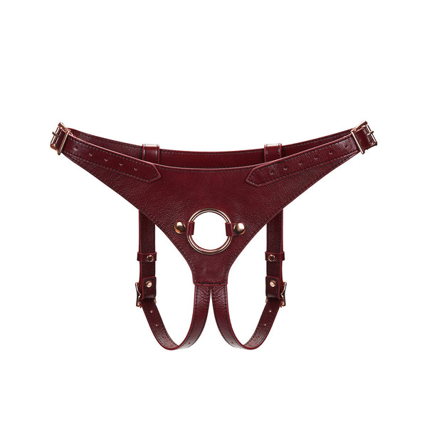 Wine Red leather strap-on harness with adjustable buckles and 1.5 inch O-ring for pegging and bondage play