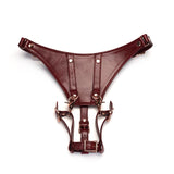 Wine Red Leather Forced Orgasm Wand Massager Harness Belt with Rose Gold Buckles for BDSM Play