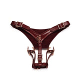 Wine Red leather forced orgasm wand massager harness belt with rose gold buckles, part of BDSM luxury collection