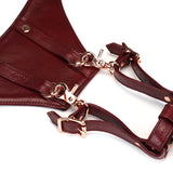 Wine Red Leather Forced Orgasm Wand Massager Harness with Rose Gold Buckles, Part of LIEBE SEELE’s Luxury BDSM Collection