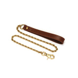Luxury leather bondage collar with vintage gold chain leash from The Equestrian collection, ideal for BDSM puppy play and humiliation scenarios