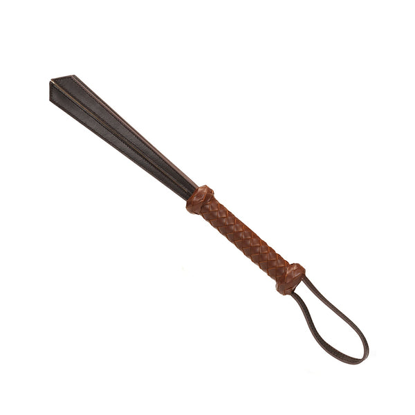 Leather spanking paddle from The Equestrian collection with braided handle and wrist loop for bondage play