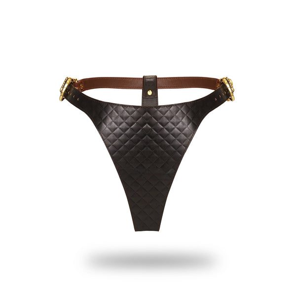 Luxury quilted leather high rise thong from The Equestrian collection with vintage gold buckles and adjustable straps