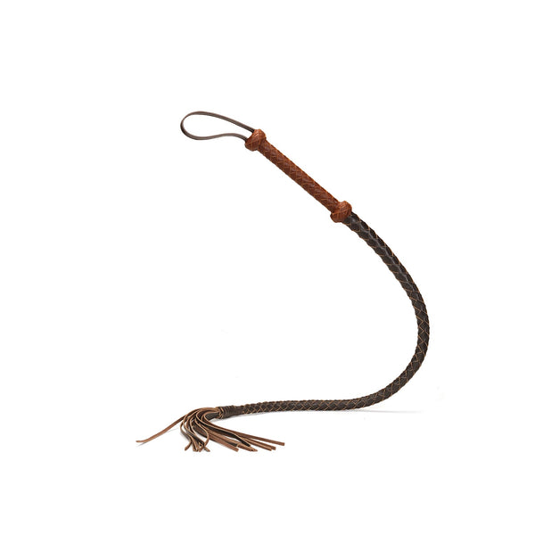 Luxury leather bullwhip from The Equestrian collection, designed for intense BDSM play, with braided handle and frayed tip