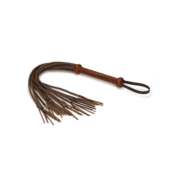 Luxury deep tan leather cat o' nine tails flogger with braided handle and wrist loop from The Equestrian collection for BDSM impact play