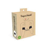 Packaging of Vegan Fetish faux leather handcuffs with illustrated torso and handcuffed wrists, highlighting cruelty-free and sustainable materials