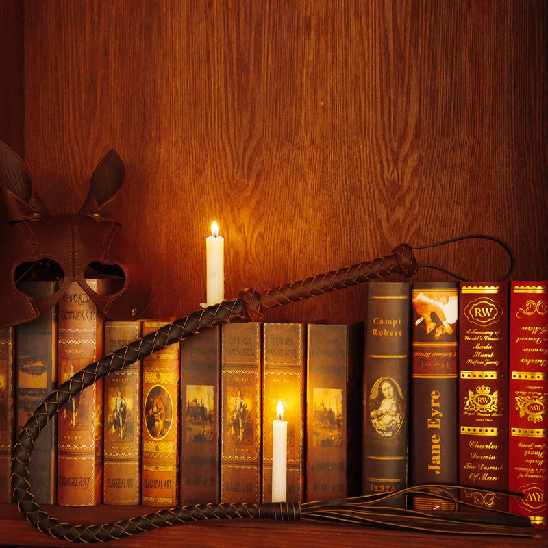 Luxurious leather bullwhip from The Equestrian collection elegantly displayed with classic books, candle, and mask, embodying sophisticated BDSM gear