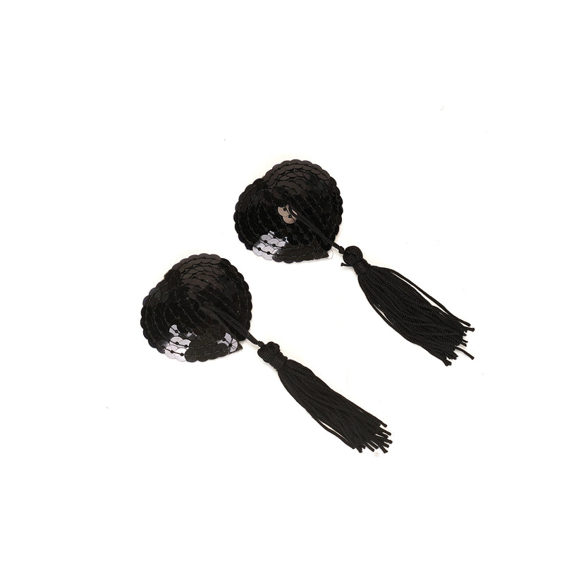 Black sequin nipple pasties with tassels from the Vivid Hyō Leopard Print Soft Bondage Kit