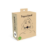 Vegan Fetish Breathable Silicone Ball Gag Packaging with illustration of woman and vegan certification label
