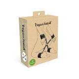 Packaging for Vegan Fetish faux leather hogtie set displaying wrist and ankle restraints illustration