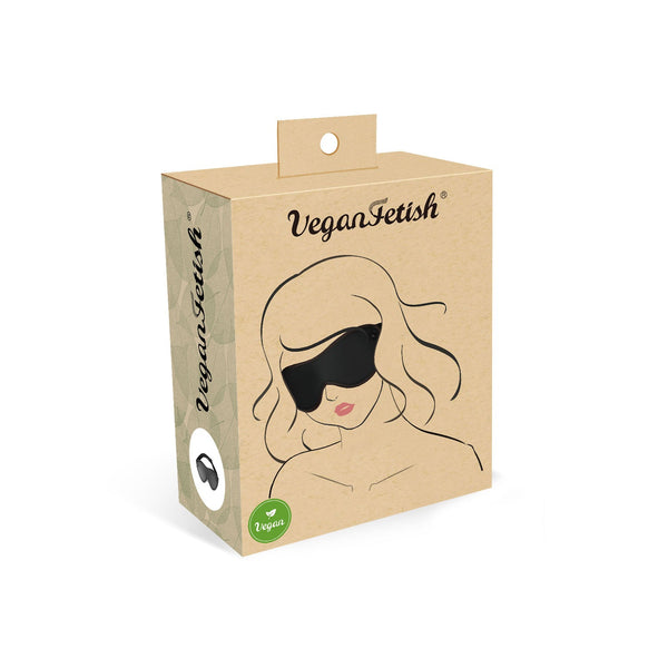 Vegan Fetish brand packaging for faux leather blindfold, featuring a woman with a blindfold and vegan label