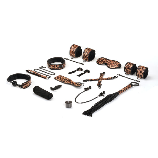 Leopard print beginner's bondage kit featuring wrist and ankle cuffs, collar with leash, ball gag, blindfold, flogger, and other accessories from LIEBE SEELE