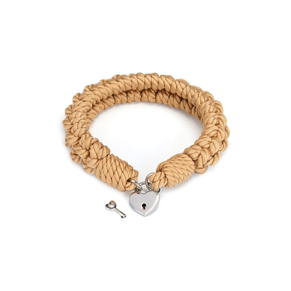 Khaki shibari rope bondage collar with heart-shaped padlock and key from Bound You II collection