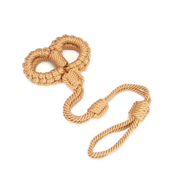 Khaki shibari rope handcuffs with adjustable knot and leash for bondage play, from Bound You II collection