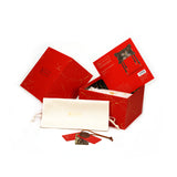 Luxury leather bondage waist belt packaging from The Equestrian collection, displayed with accessories including a drawstring bag, envelope, and label tag