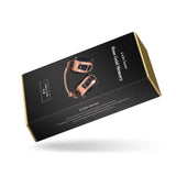 Rose Gold Memory leather ankle cuffs with faux fur lining product packaging by Liebe Seele featuring rose gold buckles and detachable chain