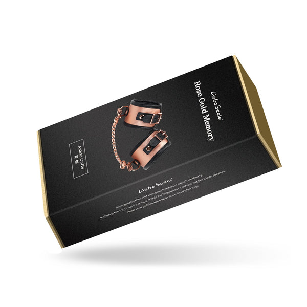 Rose Gold Memory leather handcuffs with faux fur lining product packaging, featuring elegant black and gold design with description and dimensions