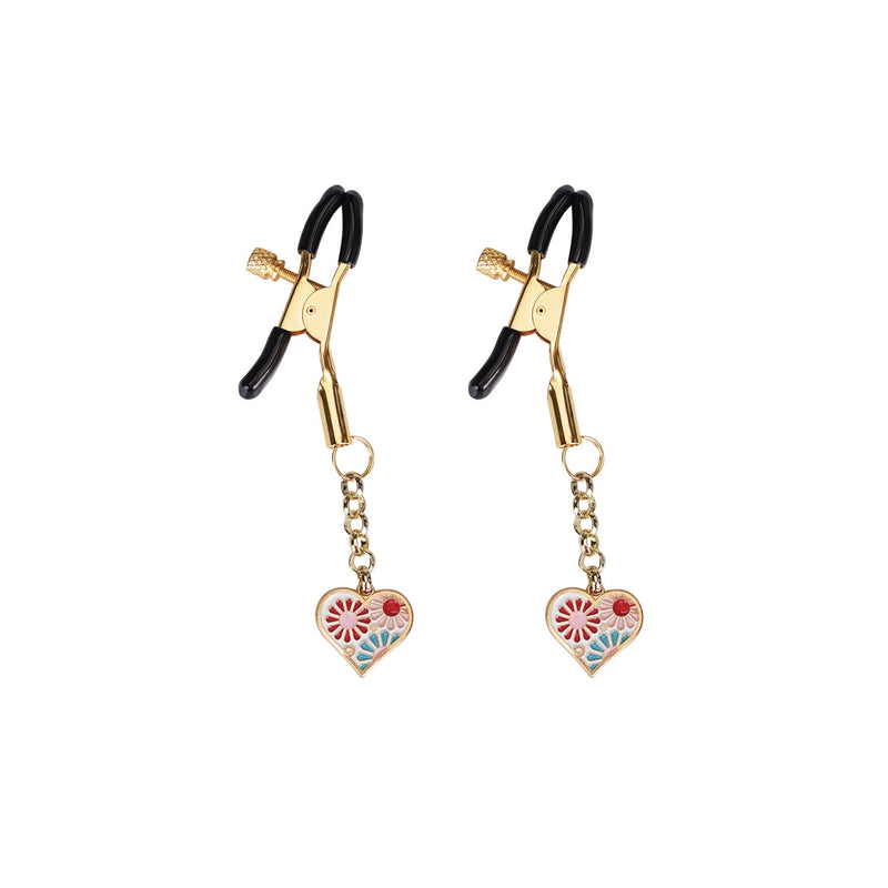 Gold heart-shaped nipple clamps with floral design and adjustable crocodile clips from LIEBE SEELE