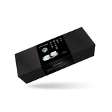 Elegant black packaging box of Liebe Seele white leather handcuffs with silver metal hardware, showing product image and description